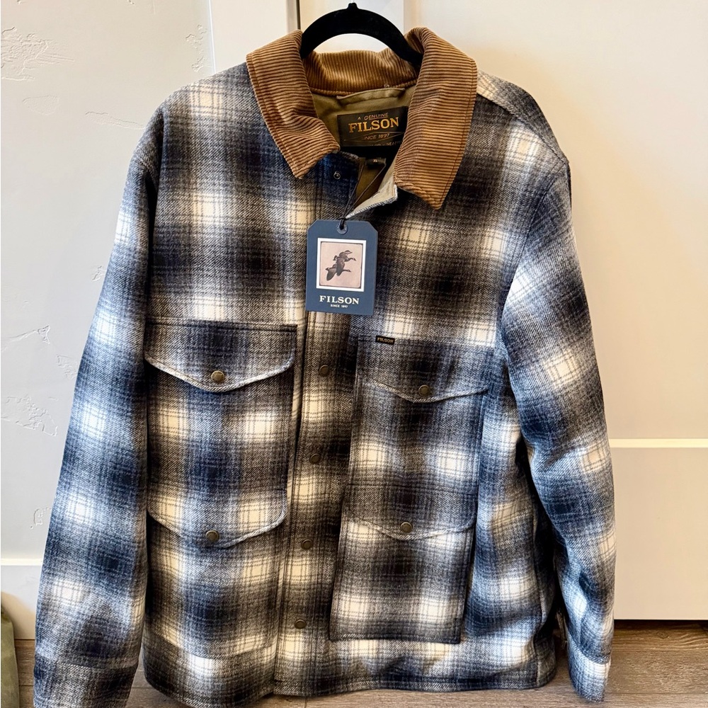 Filson Spokane Insulated Cruiser. Black and White Plaid Jacket with Brown Collar